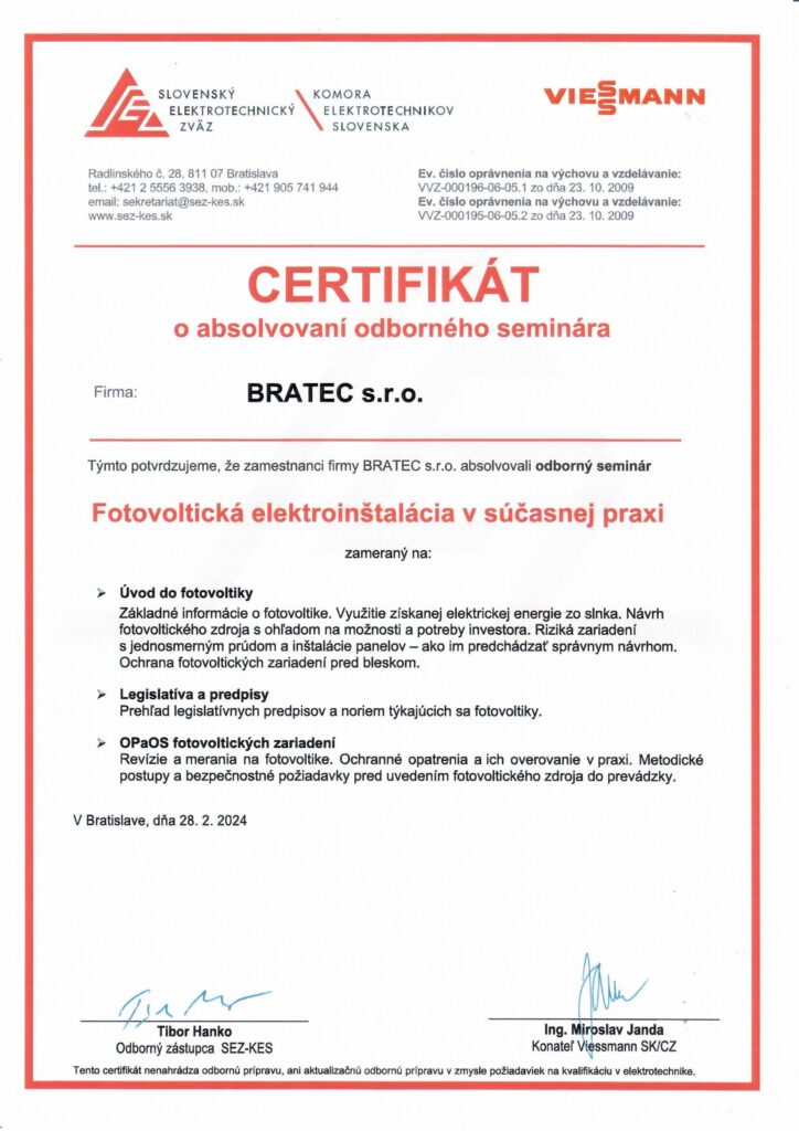 Certifikát Fotovoltika Silvester Bódiš